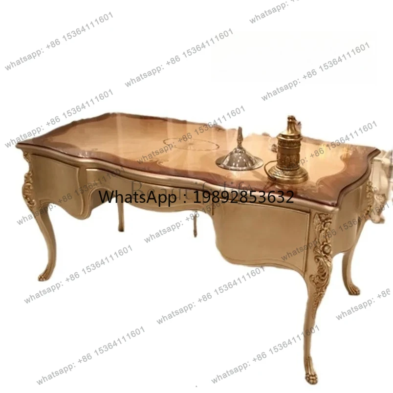 FF Luxury European study furniture, large solid wood carving flower writing desk, French home desk