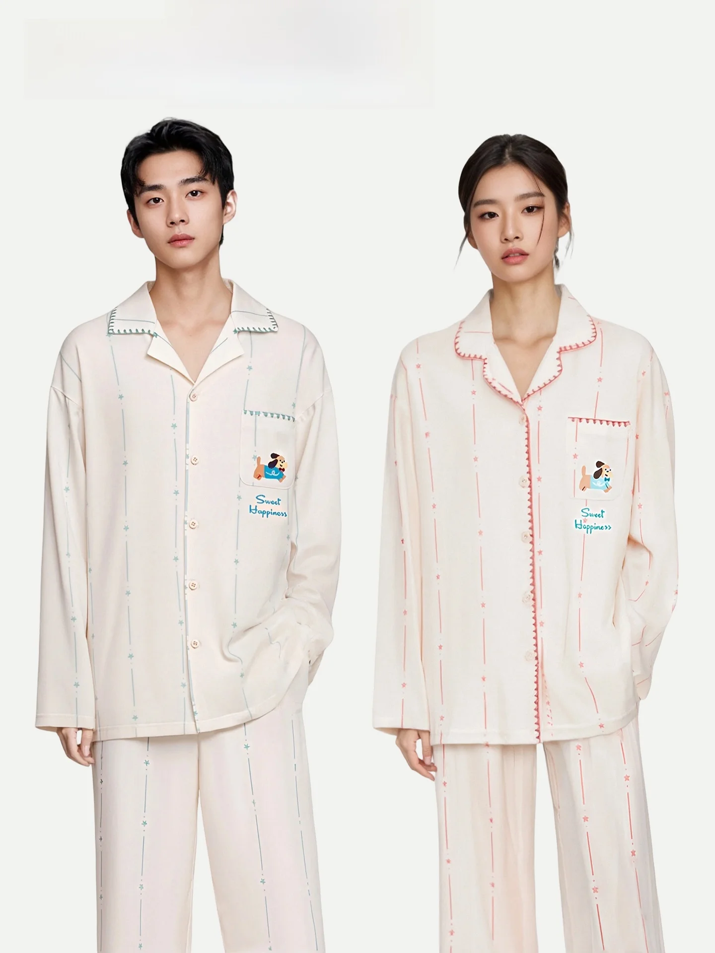 PinkBread Sweet Cute Sausage Dog Couples Pajamas Women's Spring Autumn Pure Cotton Home Clothes Outdoor Wearable Long Sleeve ...