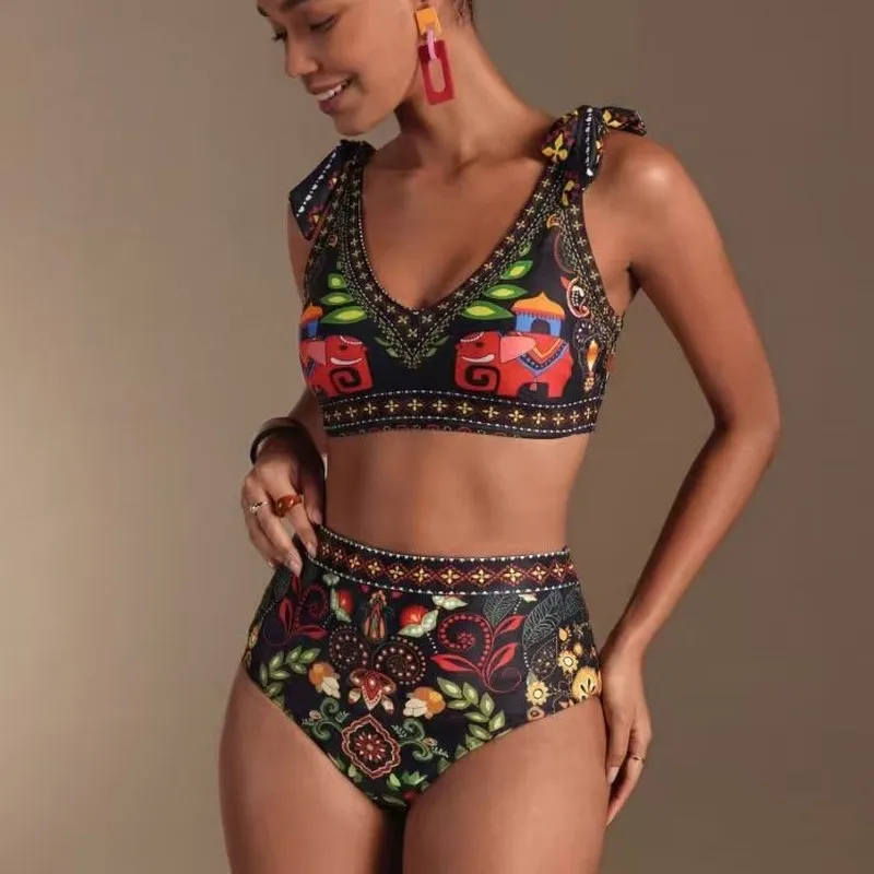 Ethnic Style Printed Tie-Strap High-Waisted Fashionable Resort-Style Two-Piece Swimsuit for Women Flora Beach Wear bikinis