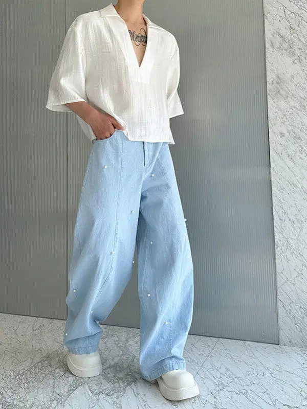 

Handmade Beaded Wide Leg Knife Pants Straight Leg Men's Jeans Light Blue High Waist Loose Fit Faion ow Sle Casual Trousers