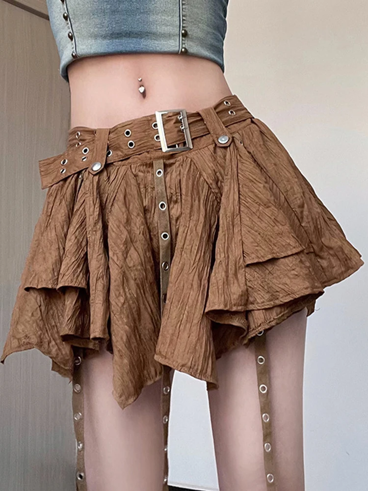 Vintage Harajuku Mini Skirt Women Summer Low Waist Irregular Pleated Skirt American Retro Preppy Style Mini Skirt Y2k Streetwear