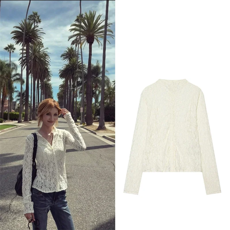 Guobioziy Women's 2026 Spring and Autumn New Fashion Simple Versatile Long-Sleeve Semi-Transparent Lace Button-Up Top