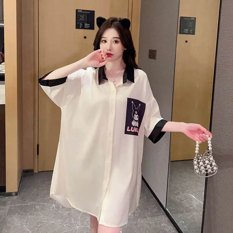 Sanrio cute Kuromi short-sleeved ice silk nightgown for women summer mid-length skirt shirt pajamas sweet kawaii satin home wear