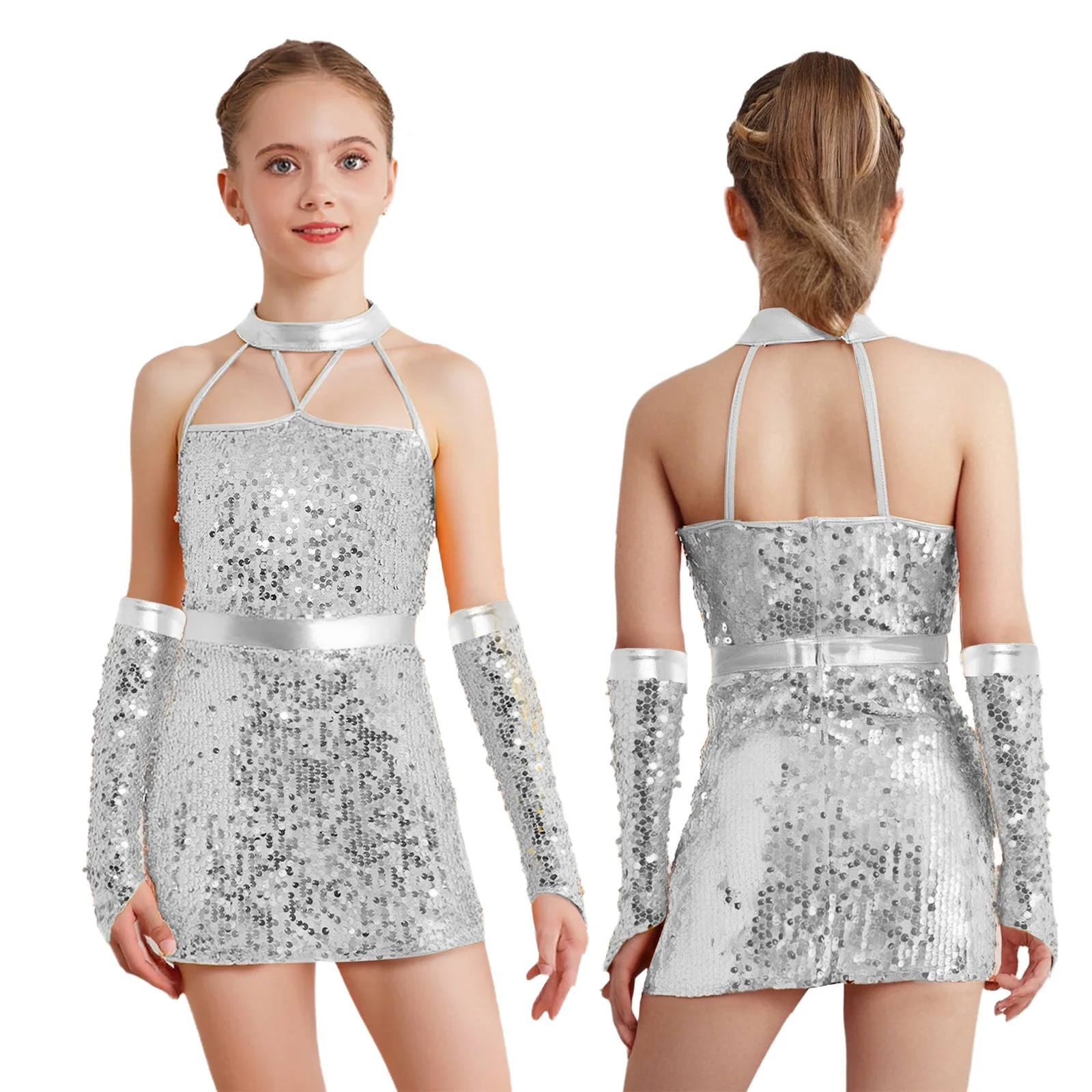 

Kids Girls Jazz Dance Performance Costume Halter Strappy Sleeveless Shiny Sequins Dress with Gloves for Pageant Party Prom Ball