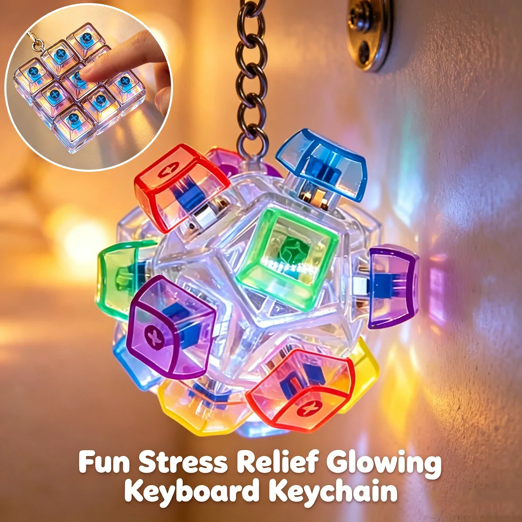 HOT Glowing Pressable Keyboard Keychain Fidget Toy, Stress Anxiety Relief, Portable Desktop Ornament, Creative Office Gift