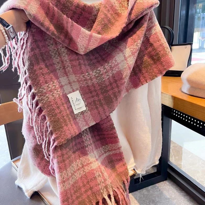 Winter Scarf for Women 2024 New High end, Dried Rose Checkered Korean Versatile, Warm Men's Neck