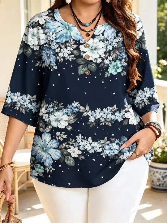 Plus Size Women 3/4 Sleeve V‑Neck Blouse Star‑Speckled Background Horizontal Band Floral All‑Over Print Button Loose Tops