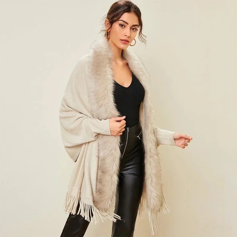 Fur Collar Winter Shawls Knitted Fringe Sweater Ponchos Elegant Batwing Sleeve Long Cardigan Casual Fashion Houndstooth Cloak