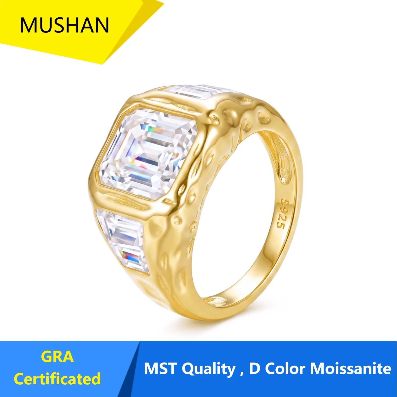 MUSHAN Luxury 925 Sterling Silver Jewelry Factory Plated 18k Gold Light Luxury Moissanite Niche Wide Face Zircon Men's Ring