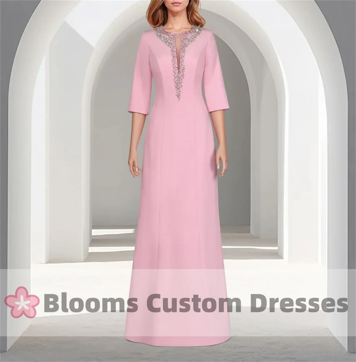 Blooms Pink Crepe Customized Beaded Evening Dresses 3/4 Sleeves Foor-length Elegant Prom Dress Cocktail Wedding Party Gown