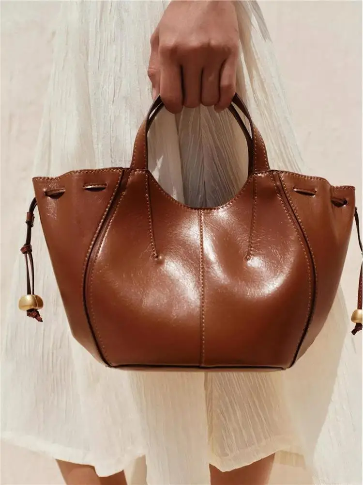 

2025 New Women's Handbag Beaded Crossbody Shoulder Bag Commuter Large Capacity Retro Style Handbag Bucket Shape PU Leather