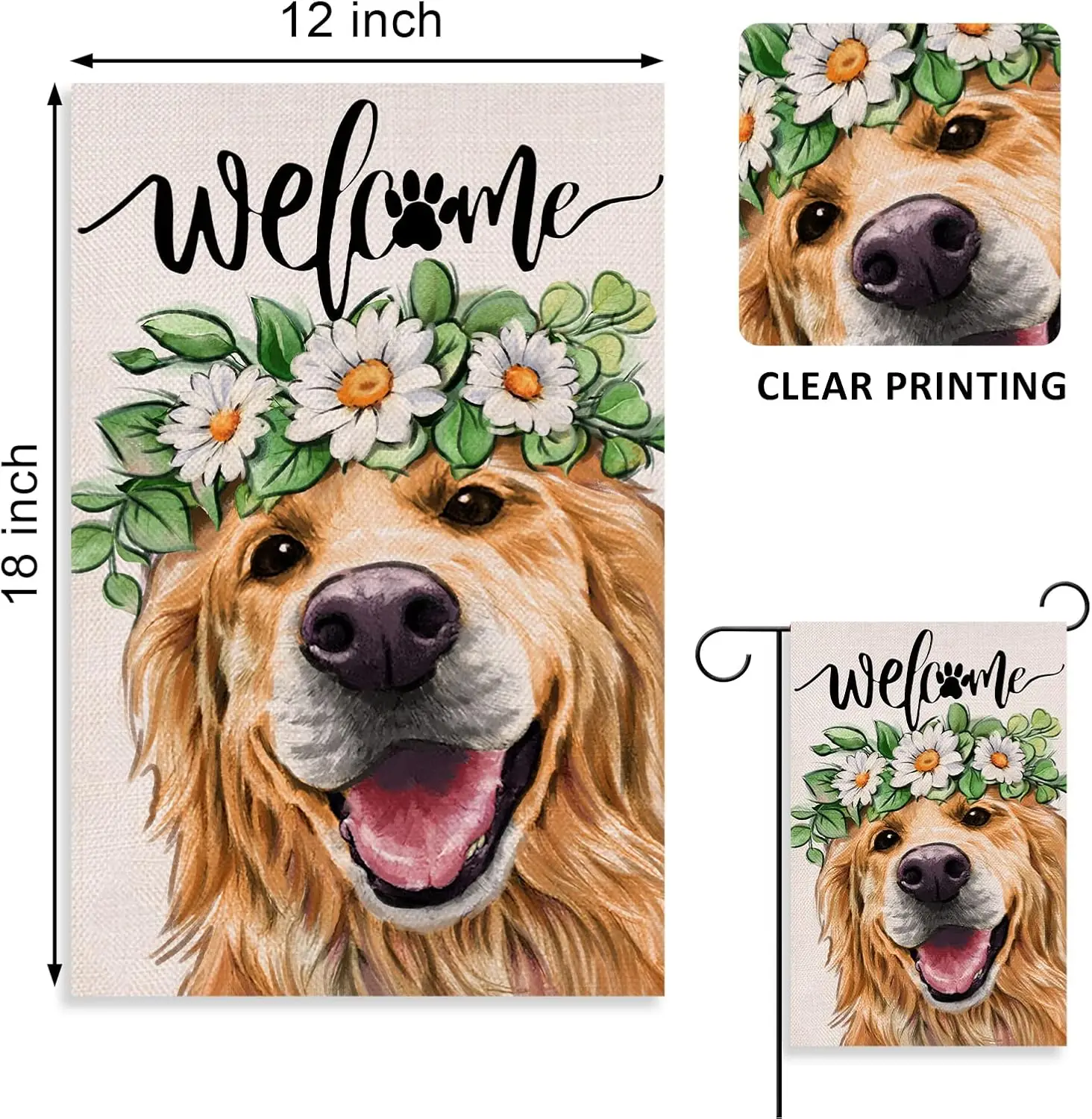 Welcome Spring Dog Golden Retriever Decorative Garden Flag, Puppy Yard Outside Decorations, Summer Farmhouse Outdoor Small Home