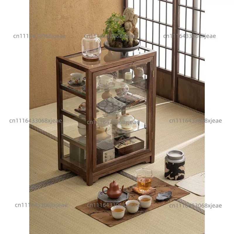 Glass Figure Display Cabinet Floor-to-ceiling Integrated Walnut Tea Set Storage Cabinet Desktop Solid Wood Storage Cabinet Locke
