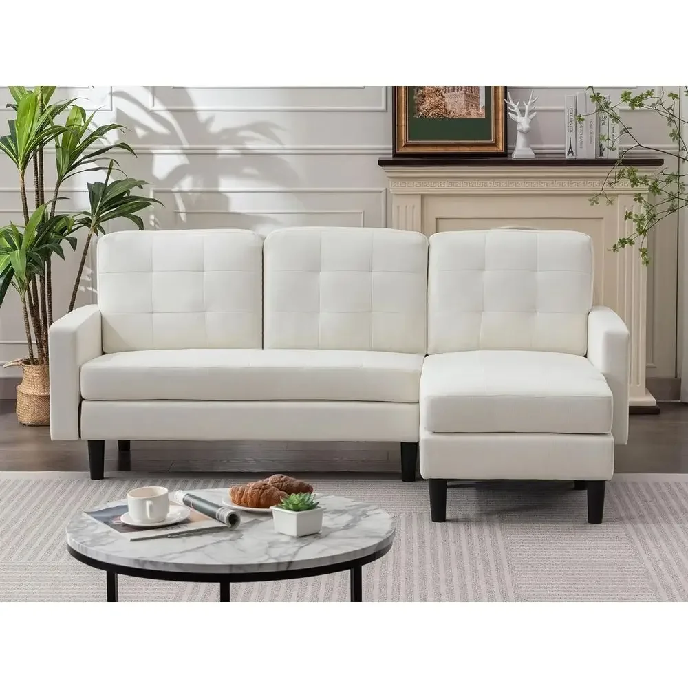 Modern White Linen L-Shaped Sectional Sofa with Reversible Chaise for Living Spaces