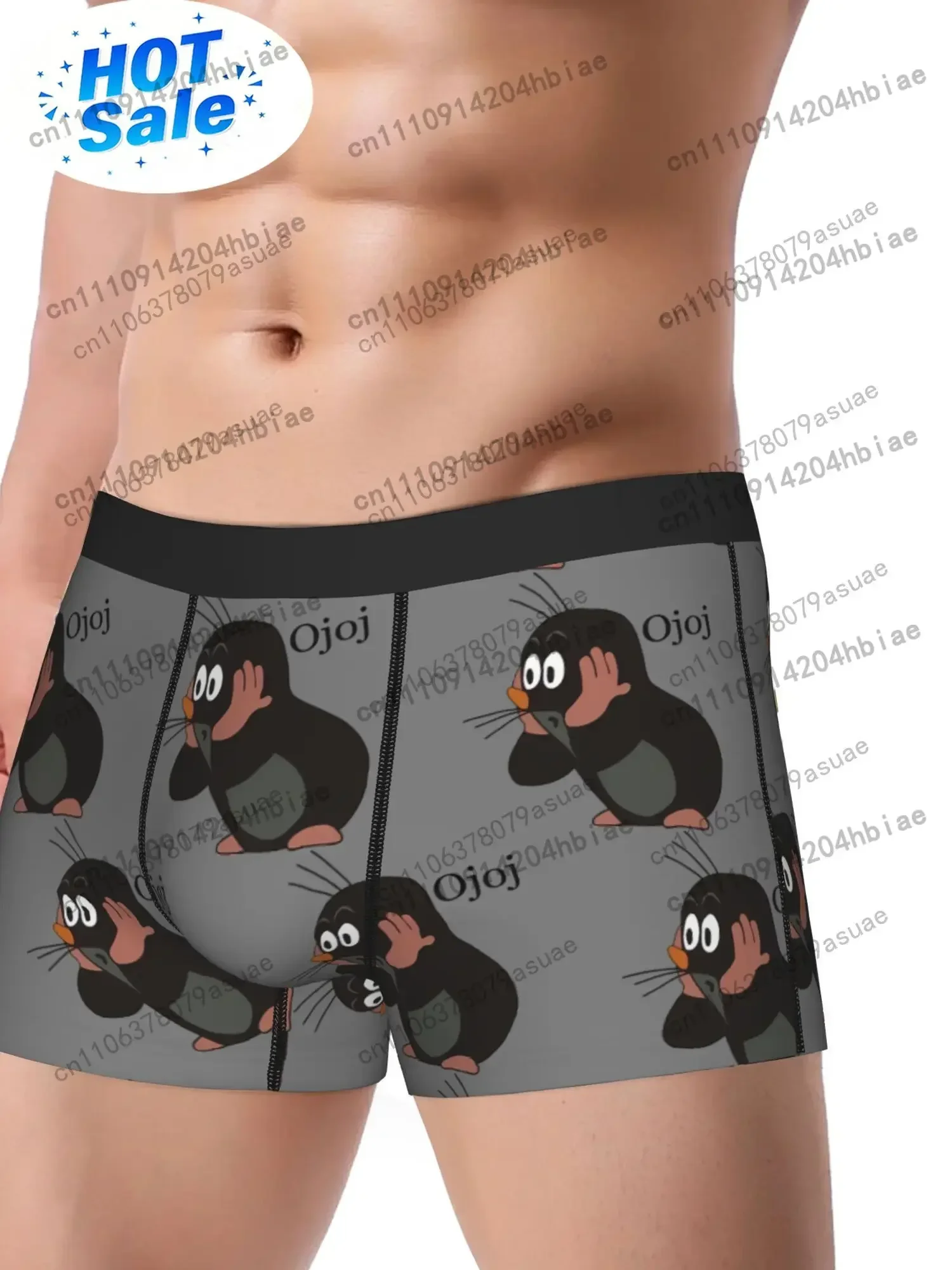 BIIHUDU Men'S Cartoon Mole Print Boxer BriefsStretchy Mid-Rise Underwear with Playful Penguin DesignComfortable Stylish Black
