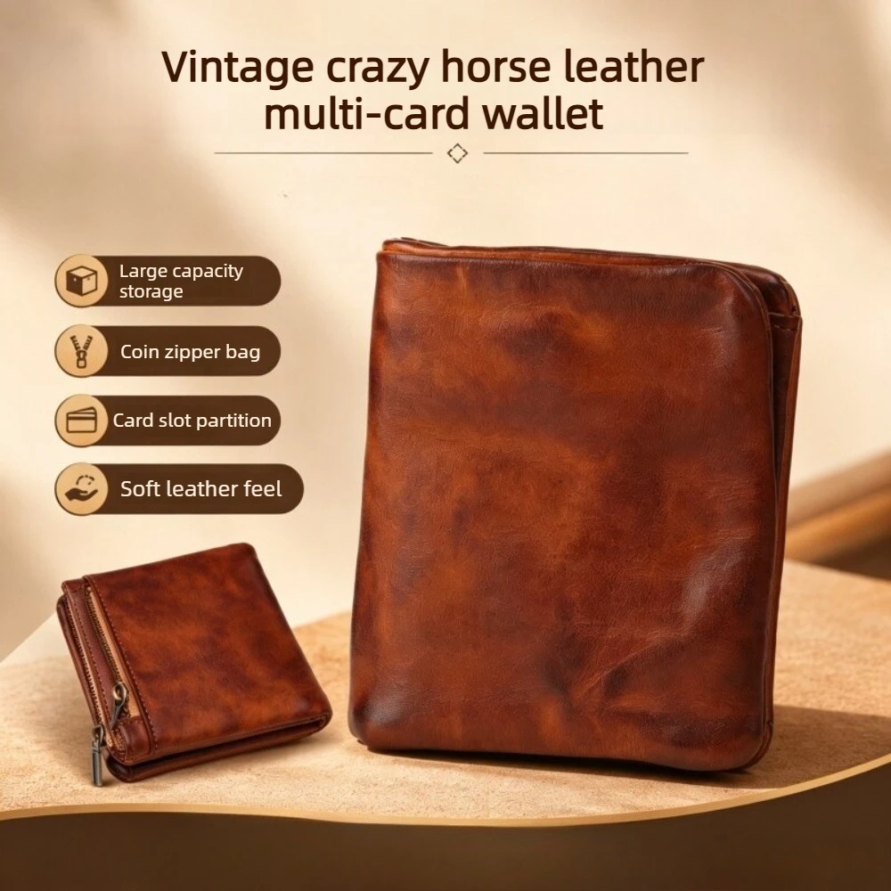 Vintage Men's Genuine Leather Wallet, Handmade Top-Grain Cowhide Large-Capacity Billfold, New Stylish Card Holder