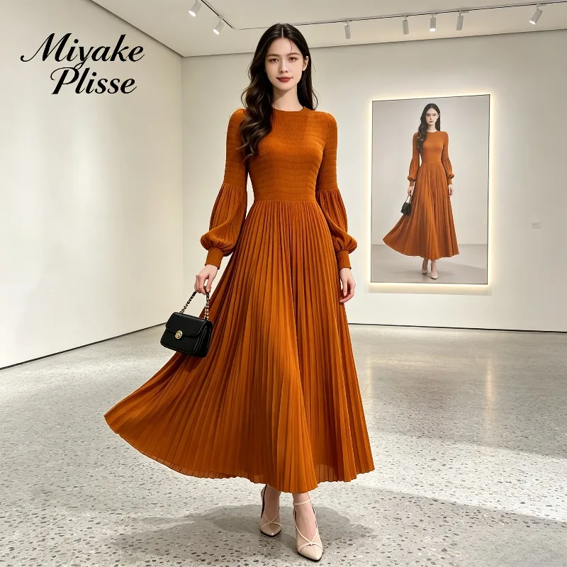 Miyake Pleated 2026 Fashion Solid Color Simple Elegant Dress Autumn New Slim Fit Pleated French Mid-Length Dress for Women Pleat