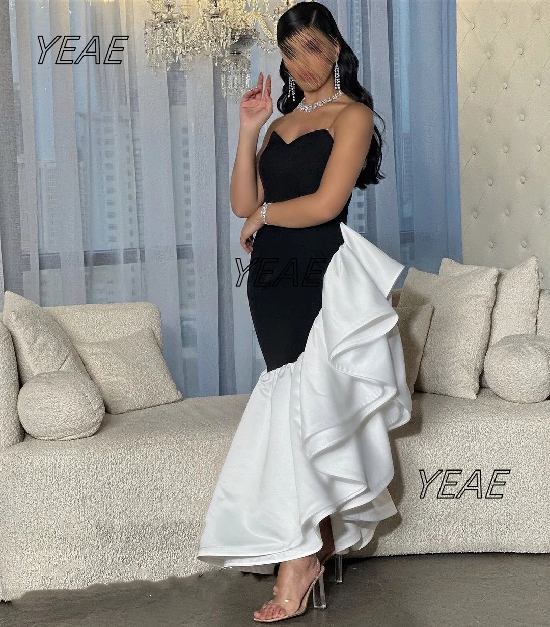 

Santorini Black&White Contrast Color Prom Dresses Sweetheart Ruffles Side Slit Cocktail Party Ladies Wear Special Occasion Gowns