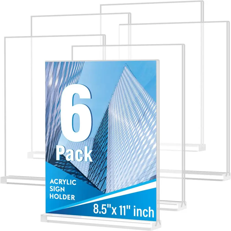 Acrylic Sign Holder 8.5x11 Inches 6 Pack T Shape Desktop Display Stand Vertical Double Sided Clear Table Menu Flyer Holder for R