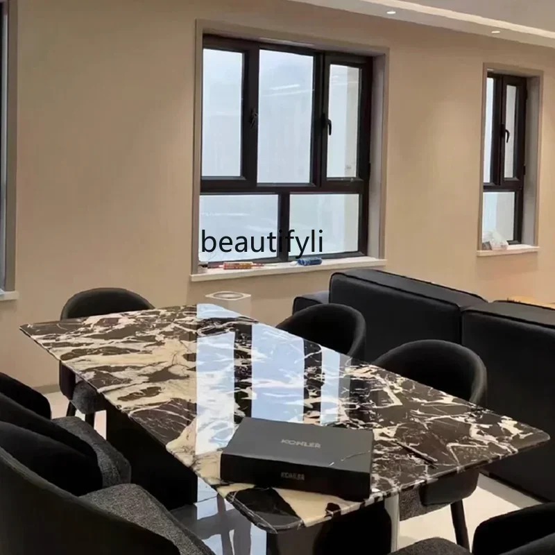 182QNatural Black Marble Dining-Table Stone Napoleon Black Marble Simple Italian Square Dining Table Light Luxury