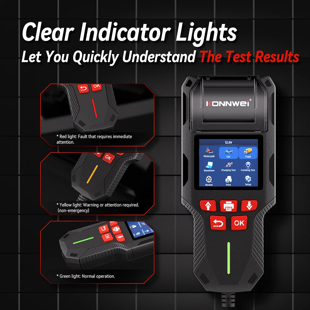 

2025 KONNWEi 12V-24V Car Battery Tester Real-Time Fault Data Printing Battery Starting Test Car Battery Charging Inspection Tool