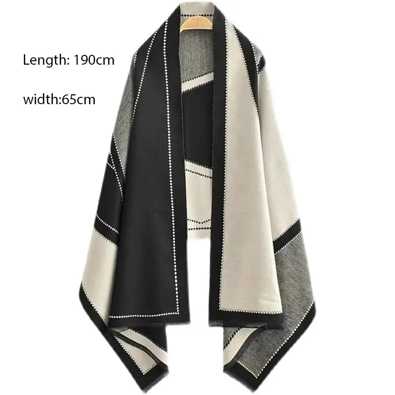 Winter Women Cashmere Scarf Black Grey Color Block Shawl Thickened Warm Geometric Scarves Imitation Pashmina Tippet 190*65cm