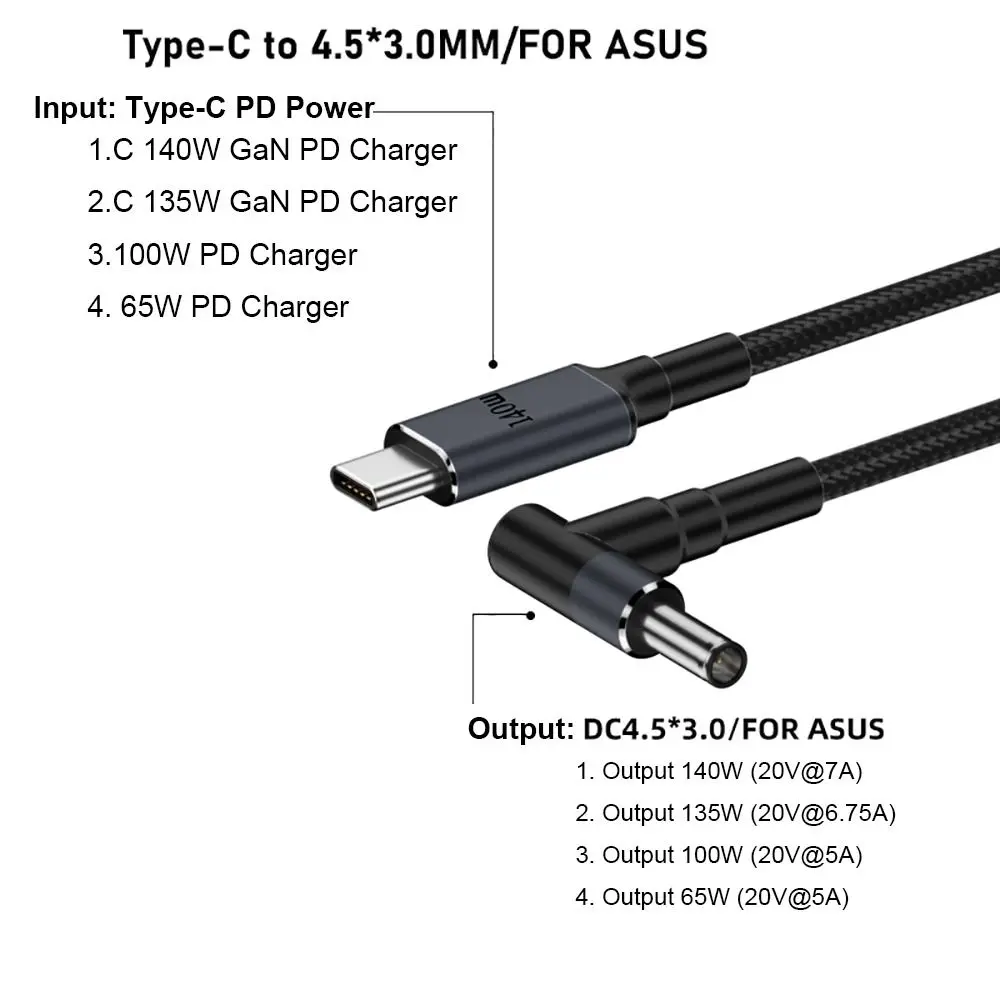 180CM Laptop USB Typ-C zu DC Kabel 20V 7A 5,5X2,5mm PD 140W Konverterkabel Emark Chip Mehrere Modelle für HP/Dell/Asus