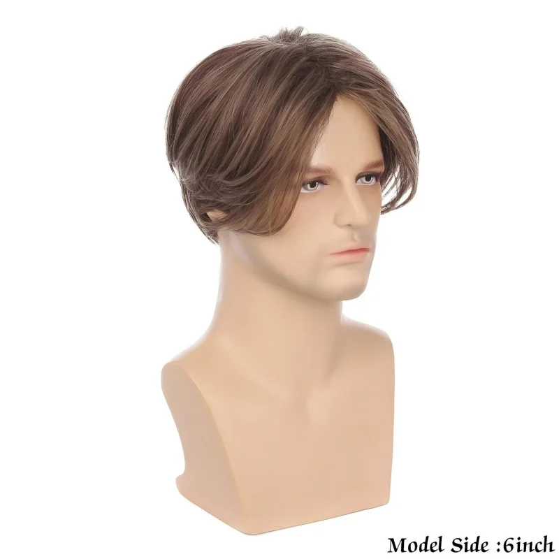 6 Inch Men Light Brown Layered Synthetic Wig, Natural Middle Part Fluffy Side Fringe Short Wig, Heat Resistant Fiber