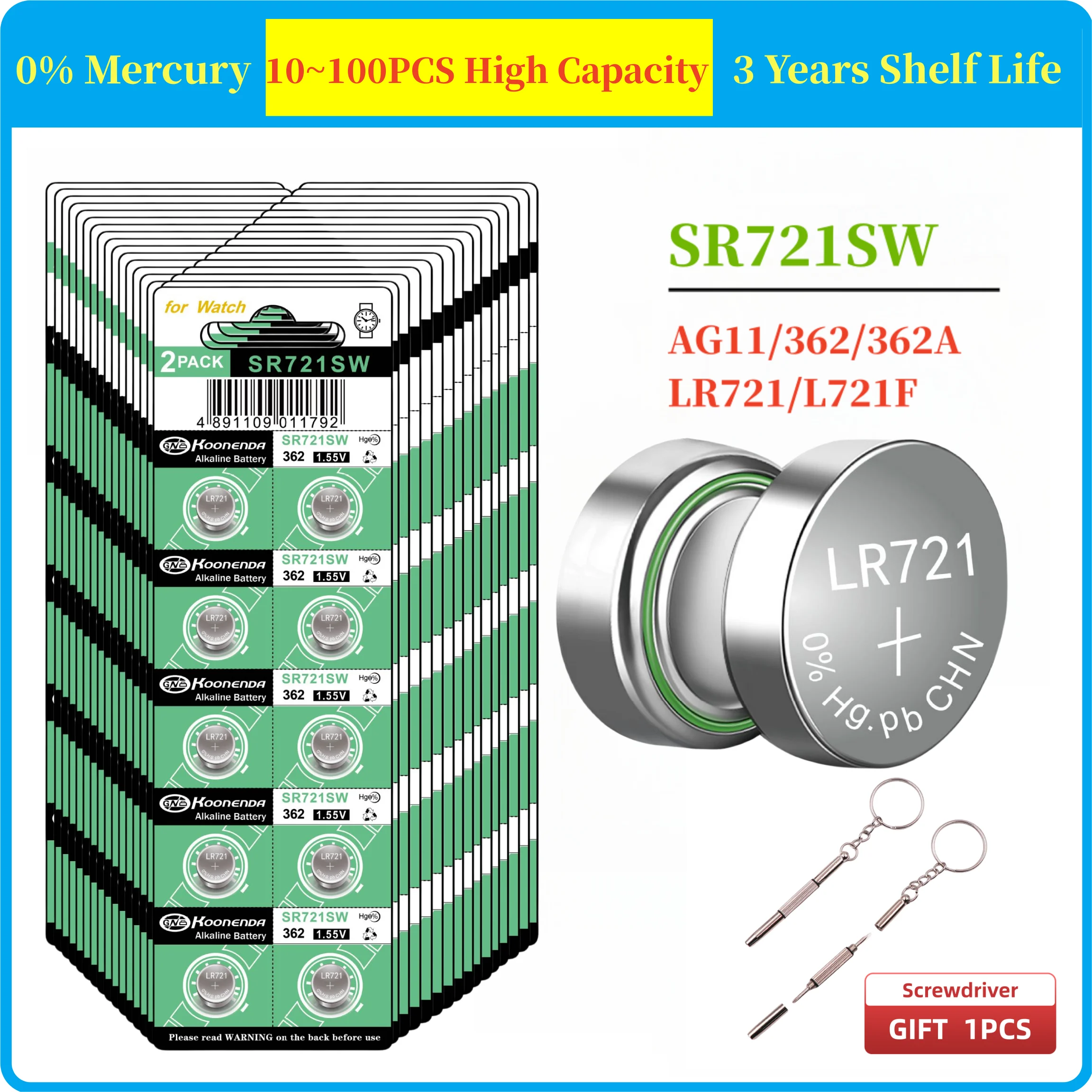 시계용 리튬 배터리 환경 보호 단추 배터리, AG11 362 LR721 362A L721F SR721SW, 1.55V, 10-100 개