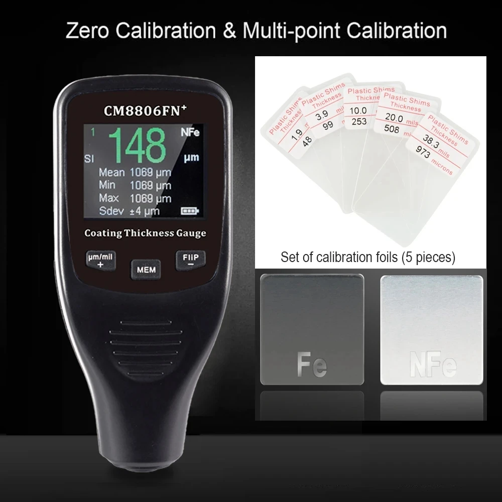 Digital Coating Thickness Gauge Color Filp Display Car Paint Thickness Meter Fe/NFe 0-1250μm Automotive Film Mil Check CM8806FN