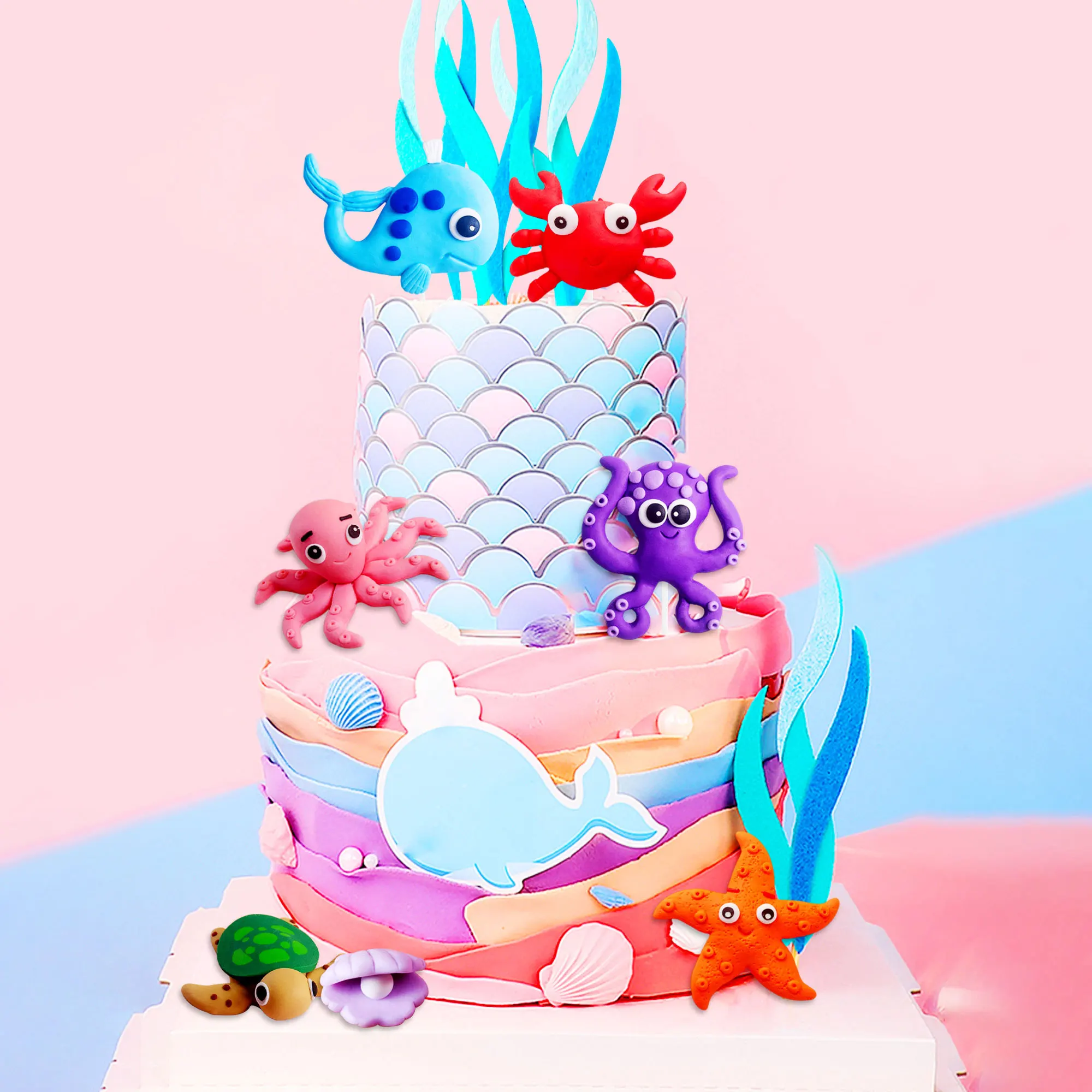 LaVenty Under the Sea Cake Toppers Ocean Animal Cupcake Toppers Ocean Sea Theme Gender Reveal Birthday Party Cake Decorations