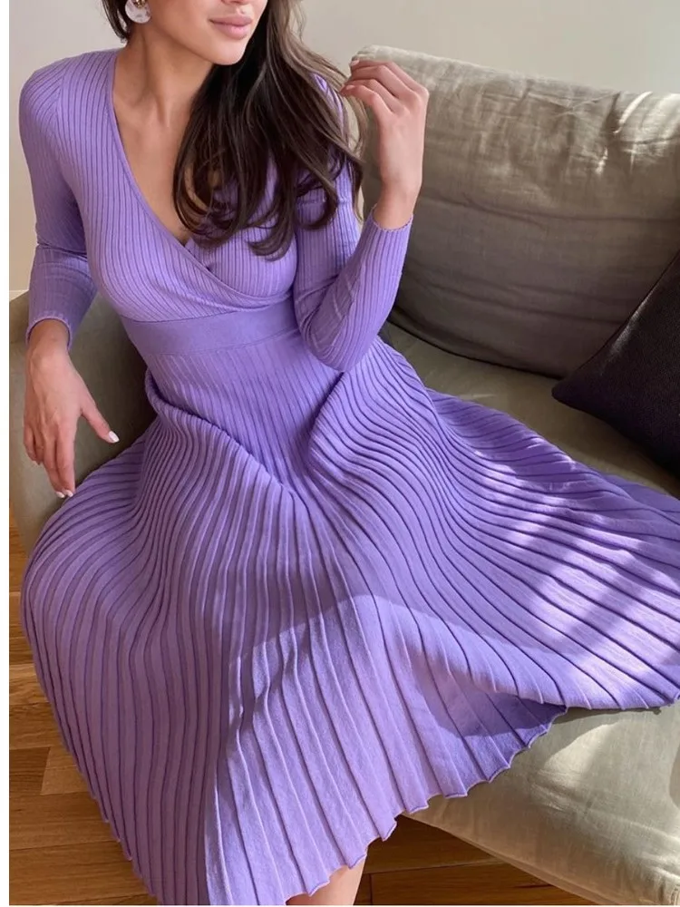 

Temperament Dresses 2025 Woman Elegant Vestidos Commuting Dress All-match Simple Style French Homewear Slim Knitted Long Sleeves