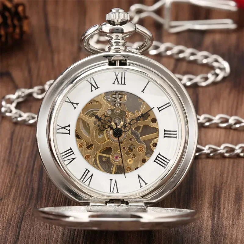 Steampunk Silver Men Women Handwinding Mechanical Pocket Watch Double Hunter Roman Number Dial Timepiece Pendant Chain Reloj