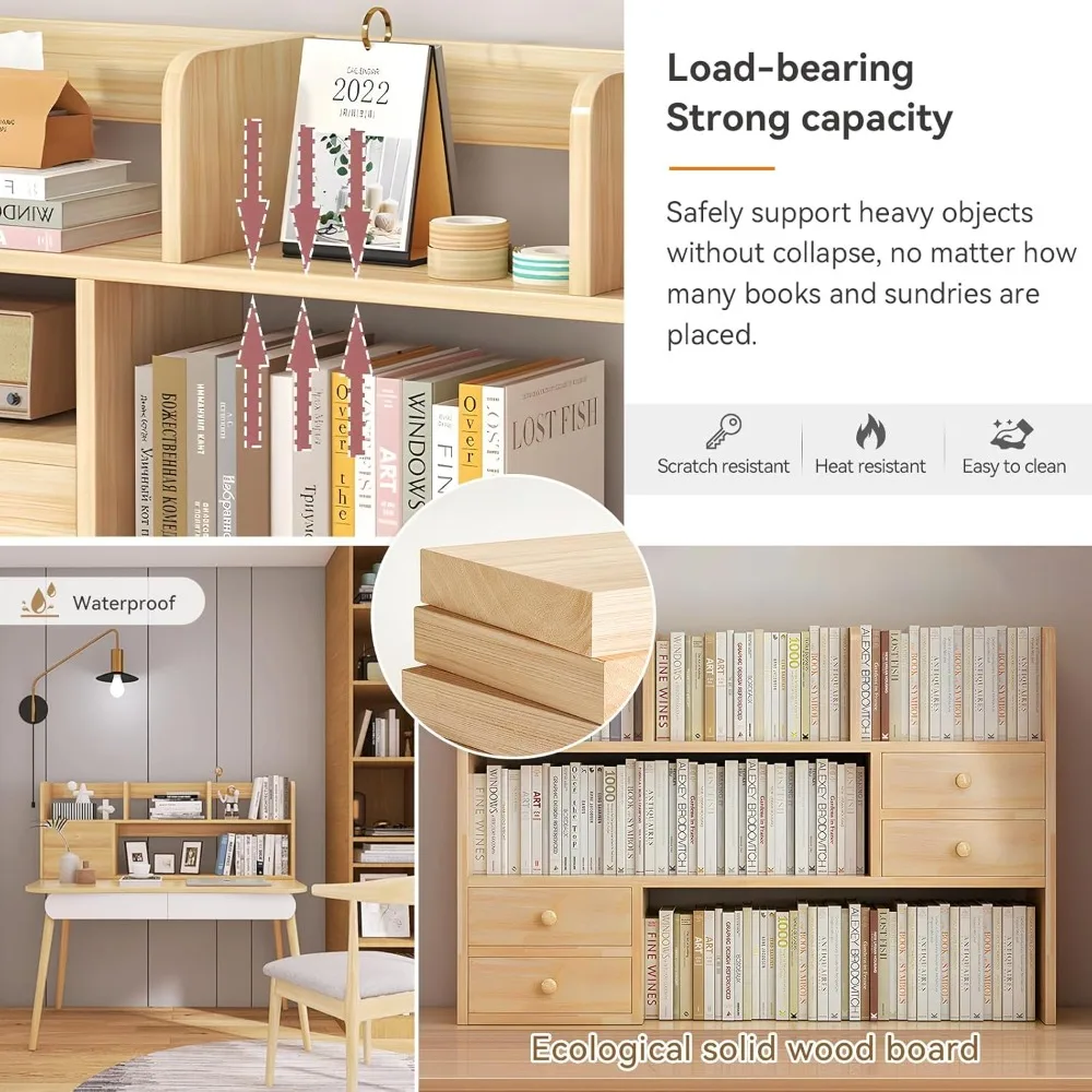 حقيبة مكتب، منظم رف سطح المكتب الخشبي مع حجرة ودرج لغرفة النوم الجامعية، رف كتب علوي للمكتب للتخزين #4