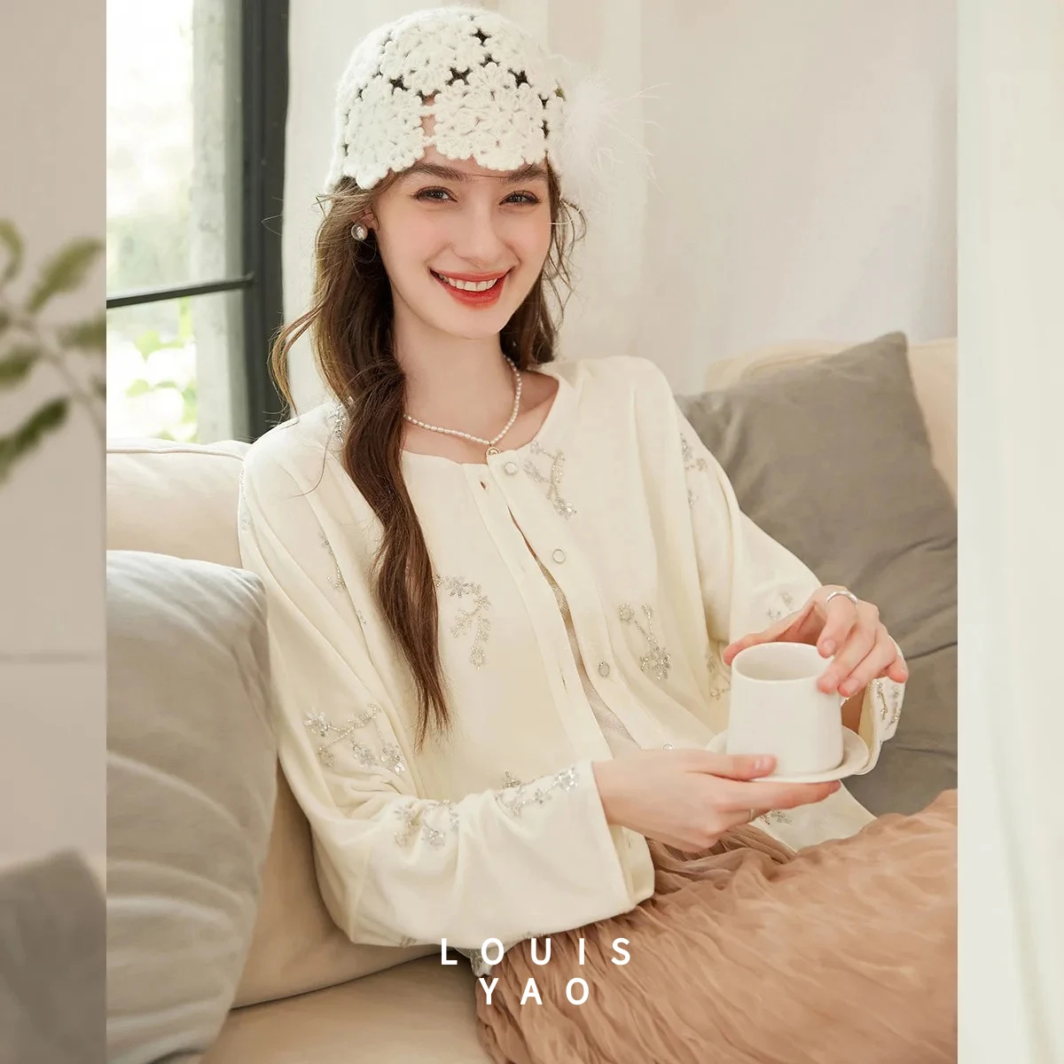 LOUISYAO Women's Elegant Solid Cardigan Coat 2026 Spring Sequin Embroidery Crew Neck Versatile High-End Fashion Outerwear