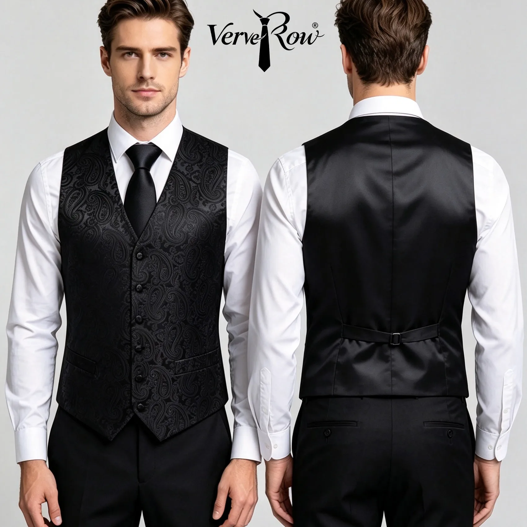 Black Jacquard Vest Tie Pocket Square 3Pcs Set Men Formal Accessory For Wedding Business Party Daily Office Matching Outfit
