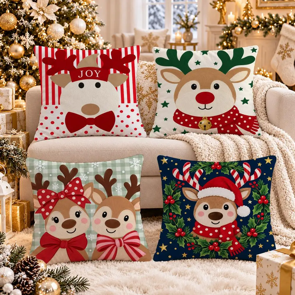 Joy Reindeer Cushion Cover 1/4Pcs Soft Plush Cushion Case Throw Pillowcase Cozy Home Sofa Bed Living Room Decor