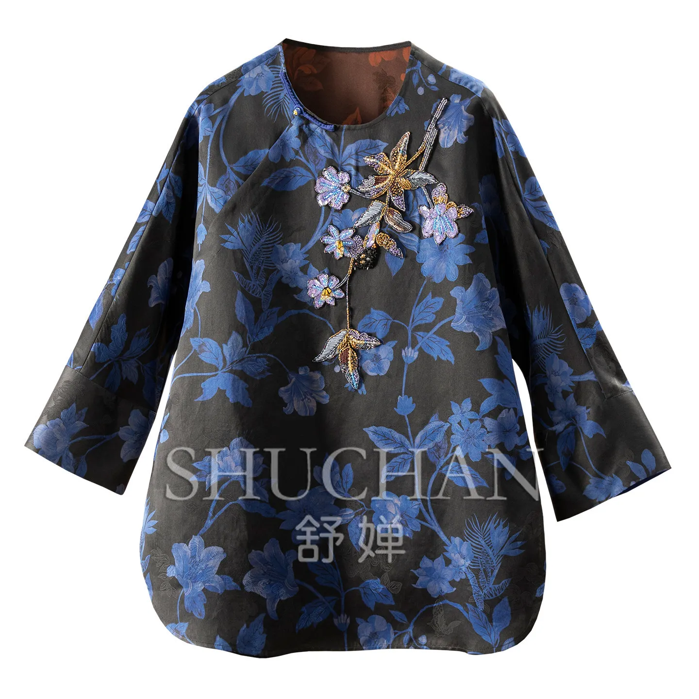 Blouse Blue Rhyme Flower Shadow New Chinese 30 Mimi Embroidery Heavy Satin Jacquard Silk Shirt Women's 95M9