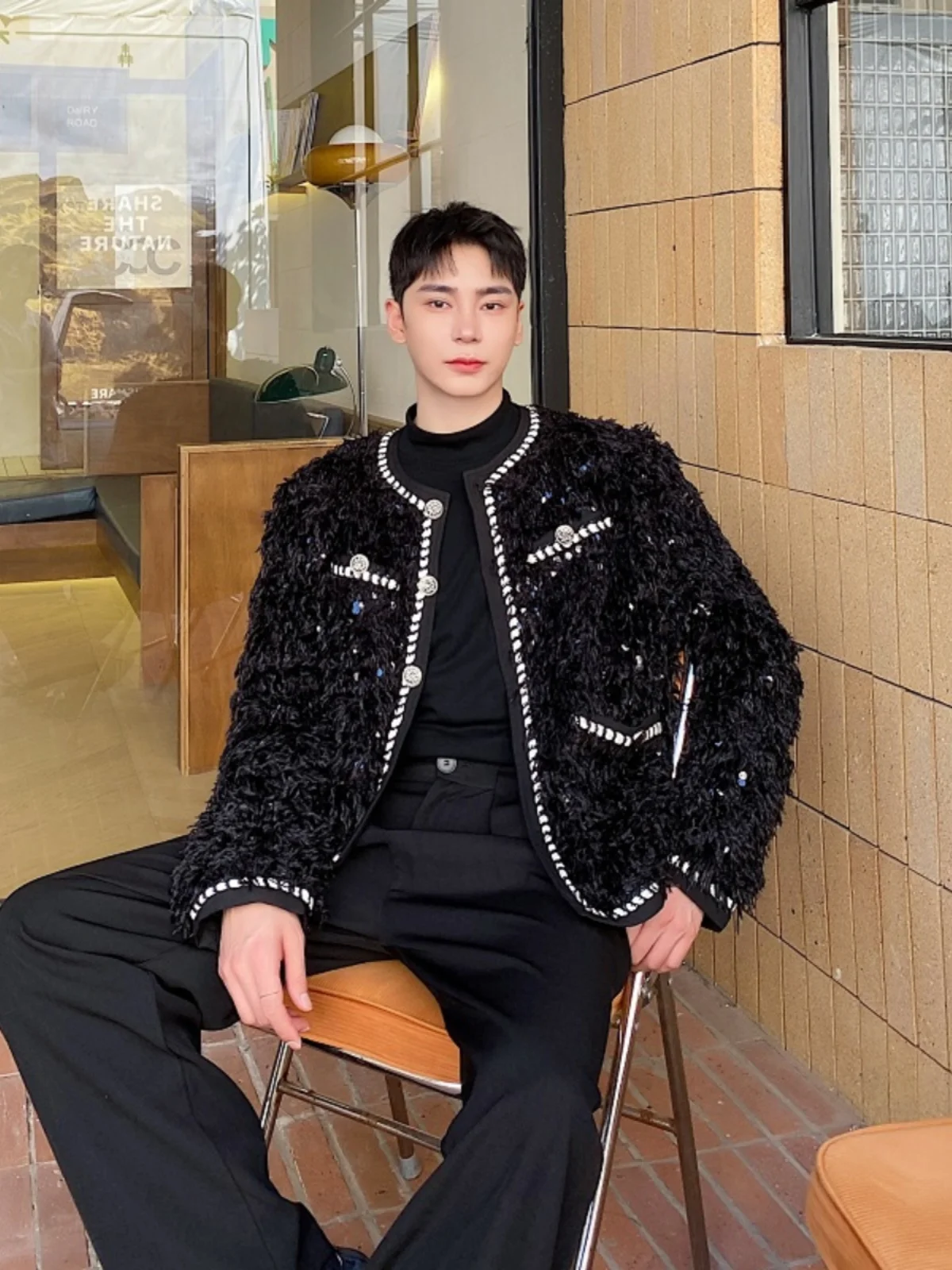 

Trendy Autumn Winter Men's Jaet Thiened Floing Sequin Outerwear Cleanfit Sle ort Casual Loose Youth Faion