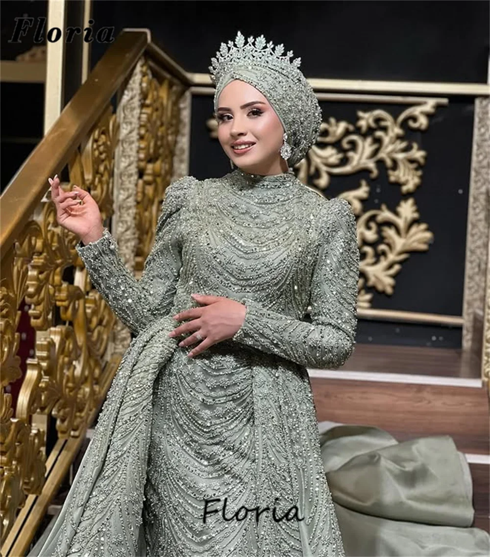 

Customized Green Full Sleeves Evening Dresses With Detachable Skirt Birthday Party Gowns Middle East Prom Dress Cocktail Gowns