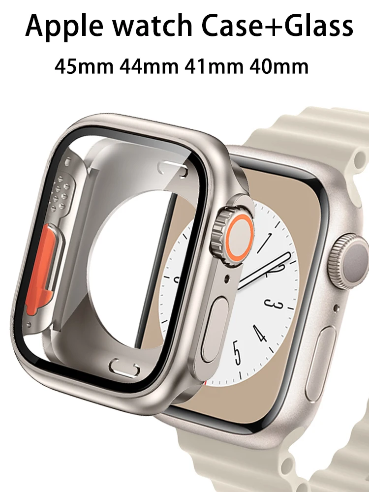 Cover for Apple Watch Series 9 8 SE 7 6 44mm 40mm Hard PC Front Rear Bumper Case+glass iwatch 45mm 41mm Change To Ultra 2 case