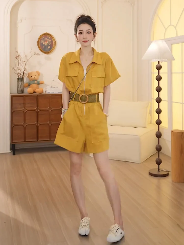 

Cool Trendy Workwear Jumpsuit Women's Fashionable Short Pants Design Slimming Summer 2026 New Style Cotton Zipper Closure