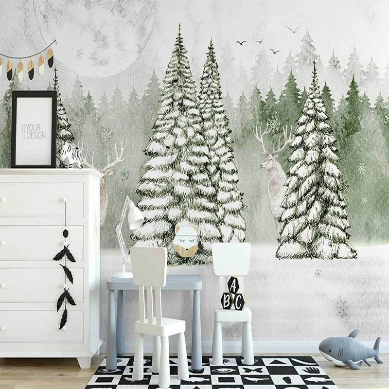 Custom Wall Cloth Nordic Hand-painted Abstract Forest Elk 3D Wallpaper Children's Room Bedroom Background Wall Home Decor Mural