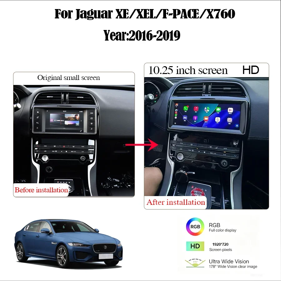 10.25 inch  For  2016-2019 Jaguar XE/F-PACE/X760 Multimedia Player Radio Carplay Qualcomm Android 13 retains the OEM menu screen
