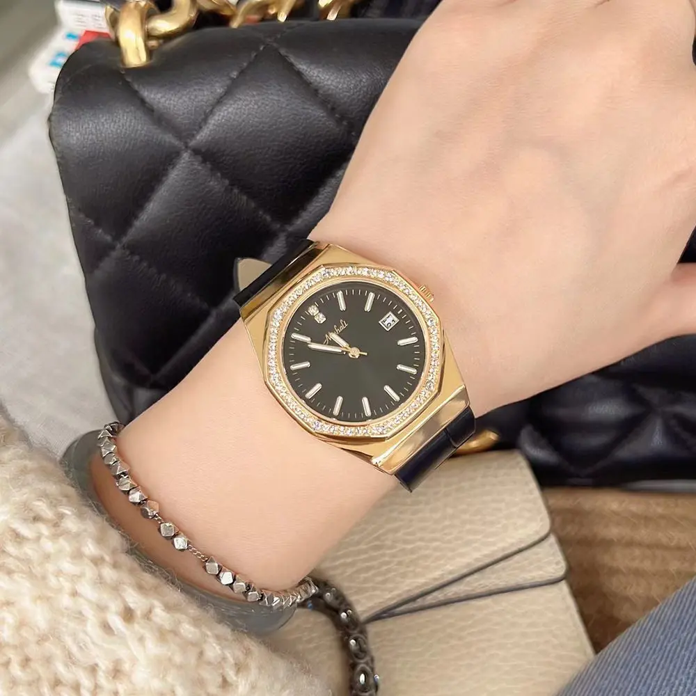 New Model Women'S Watch With Leather StrapLarge Octagonal Dial, Purple And Ice-Blue Accents, Luxurious Design, And Date Display.