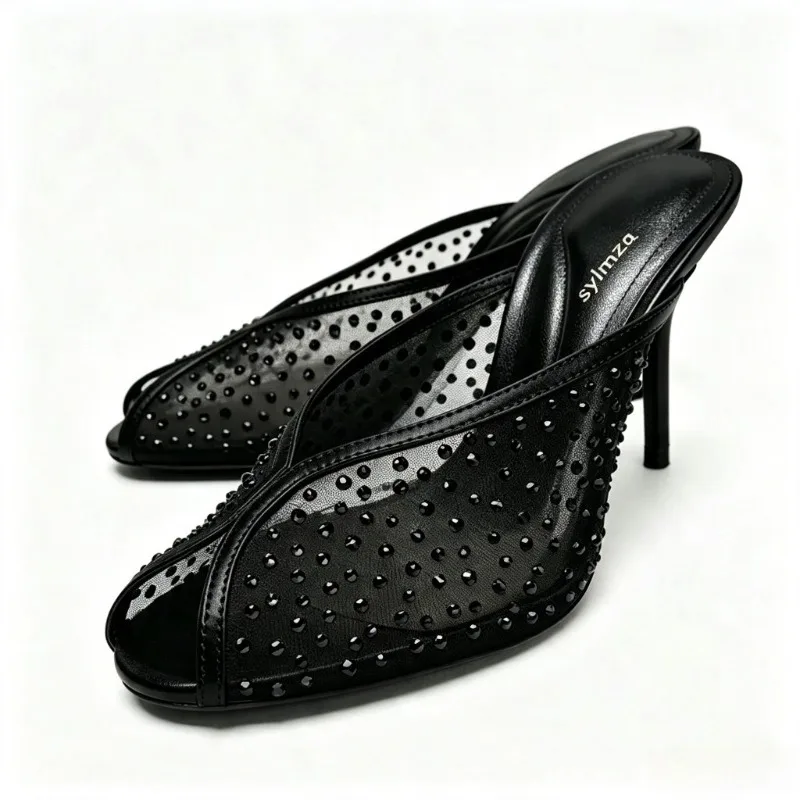 Comfortable Breathable Mesh Black Heels for Women Luxury Crystal Decoration Stiletto Slide Sandals Sexy Peep-toe Mules Sandals