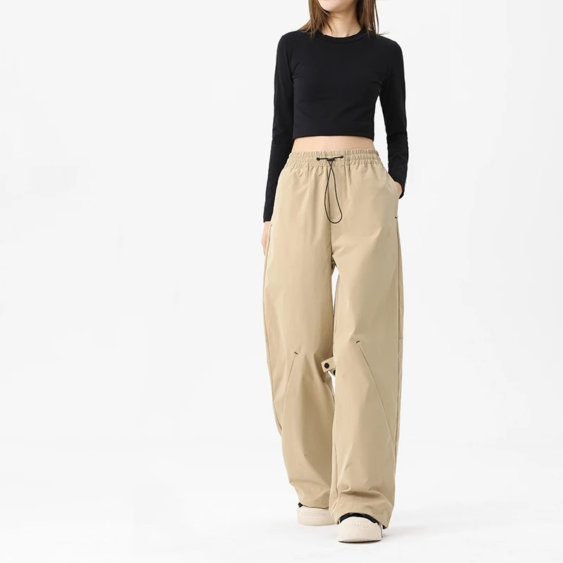 Spring Autumn Women's Clothing Solid Color Pockets Drawstring Elastic High Waisted Casual Loose Straight Trousers Commuter Pants