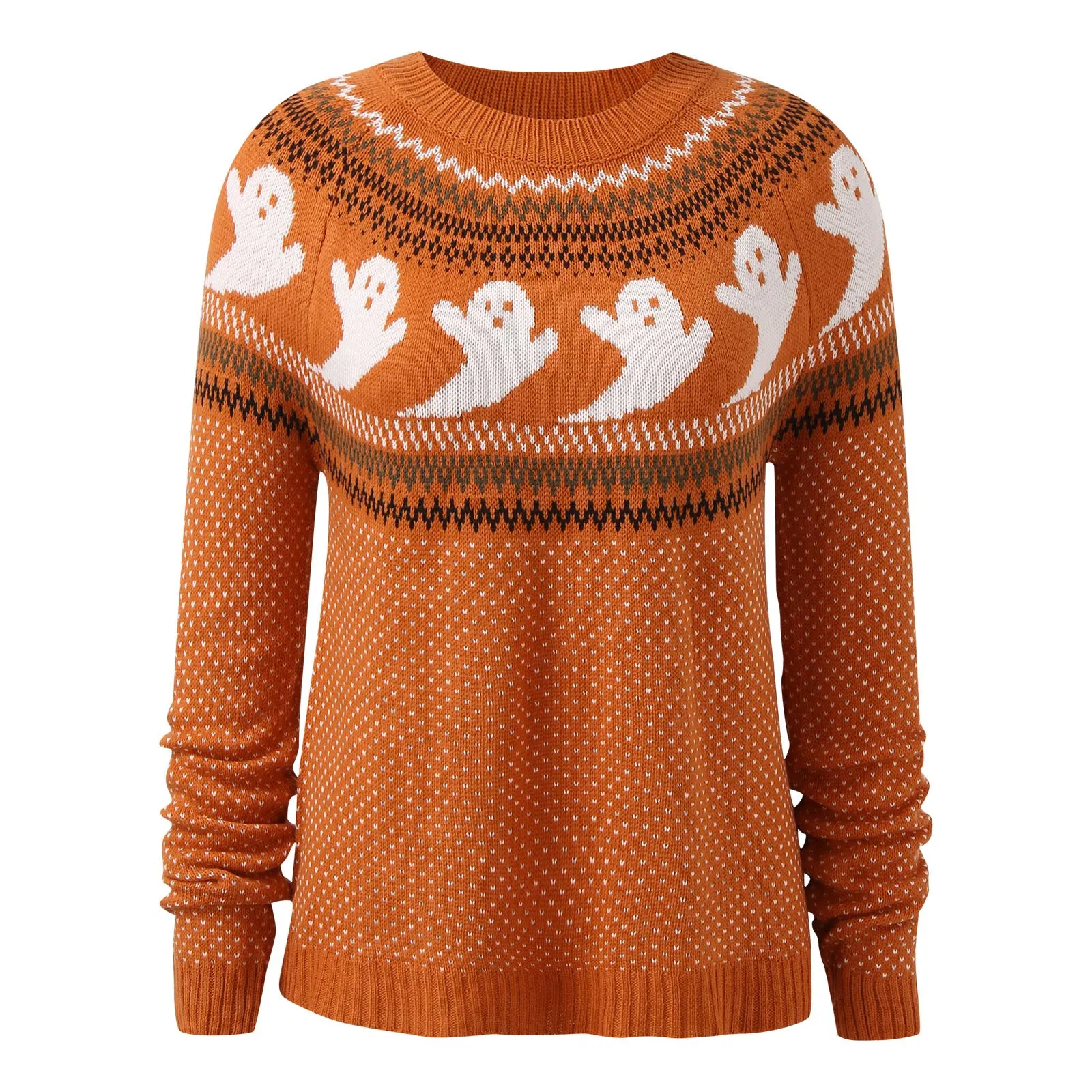 Women Autumn Winter Casual Fashion Pullover Round Neck Fun Halloween Pattern Knitted Sweater Daily Comfort Pullover Sweater