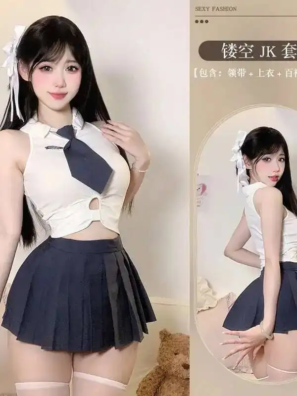 Sexy Studentenuniform, süßes süßes Kleid, blaue Krawatte, ärmellos, charmant, elegant, schön, verlockend, kurzes Kleid für kleine Mädchen, MQWA