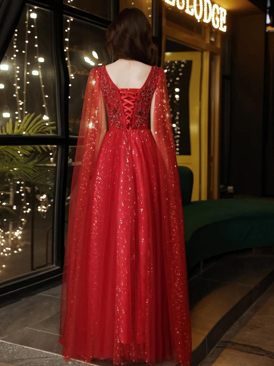 Luxury Wine Red Long Evening Dresses With Appliques Elegant Scoop Neck A-Line Floor-Length Sequined Tulle Prom Gowns 2022